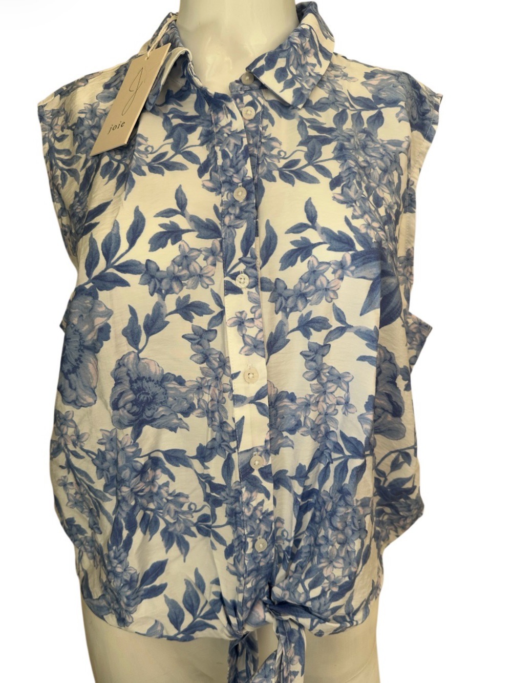 Joie White and Blue Floral Tie-Front Sleeveless Button-Down Top